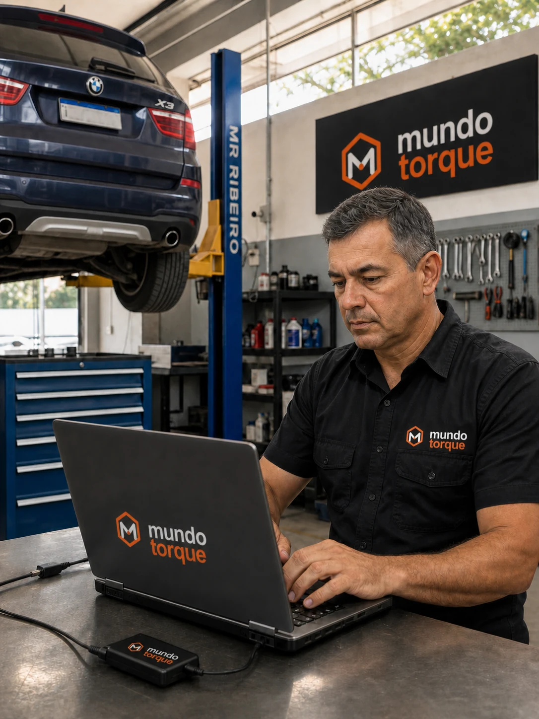 Gestor utilizando uma solução digital na oficina