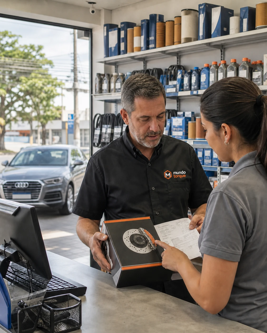 Profissionais conversando sobre produtos e condições para oficinas